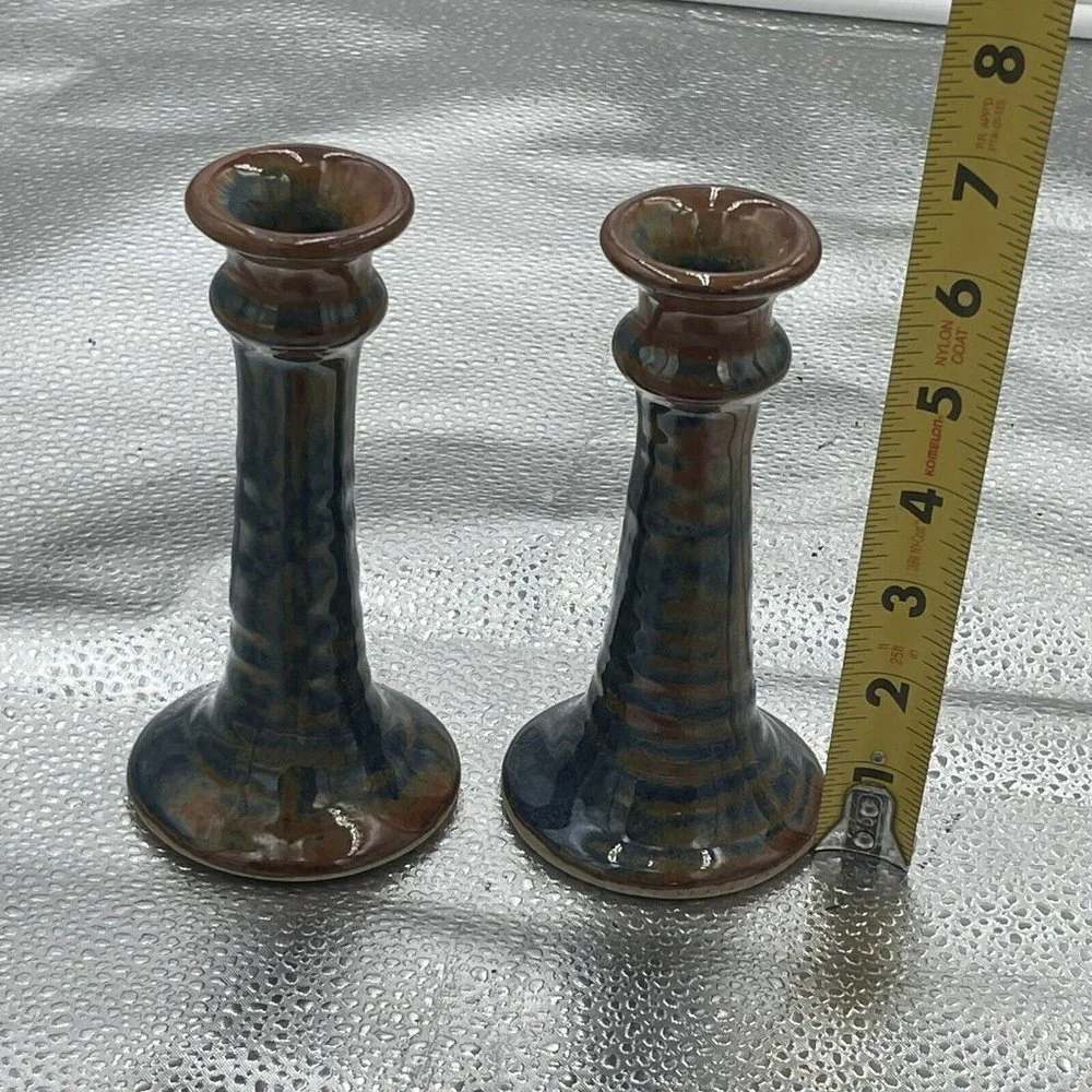 Studio Pottery Pair Of Candlestick Holder Drip Glaze Blue Brown Artist Signed 6”